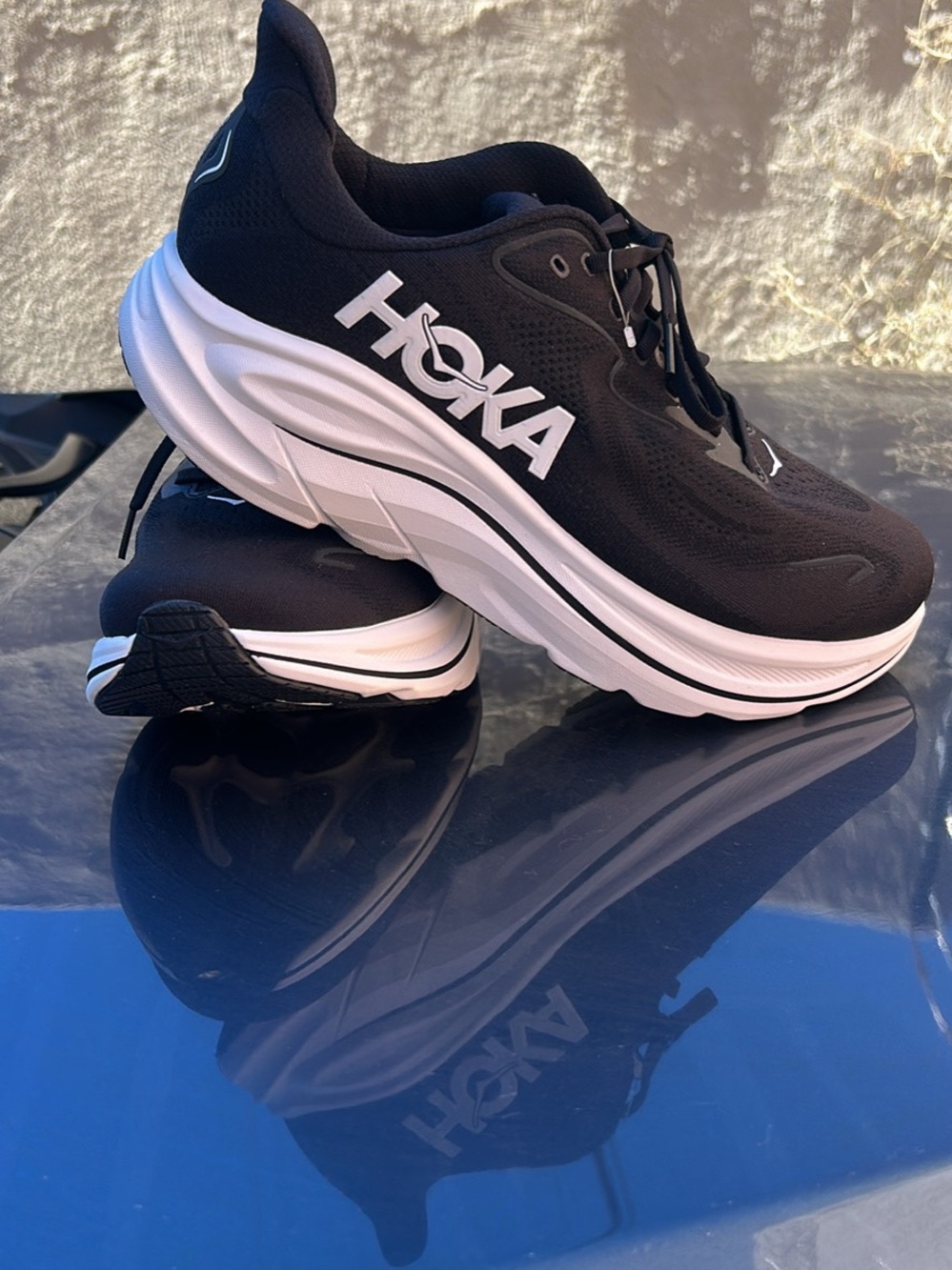 Hoka Black and White Athletic Running Shoes Clifton 4E